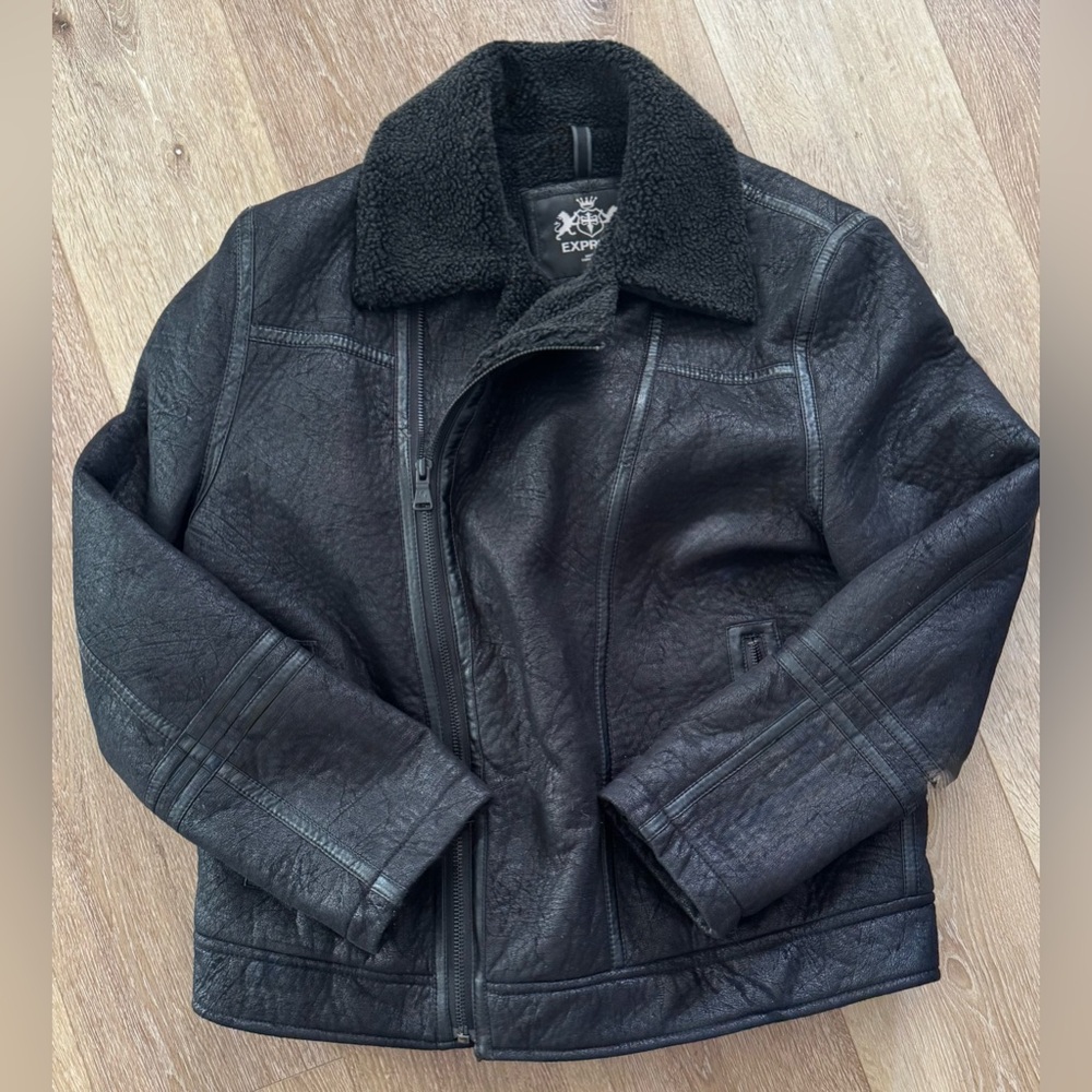 Men’s Express Black Faux Leather Jacket with Sherpa Trim